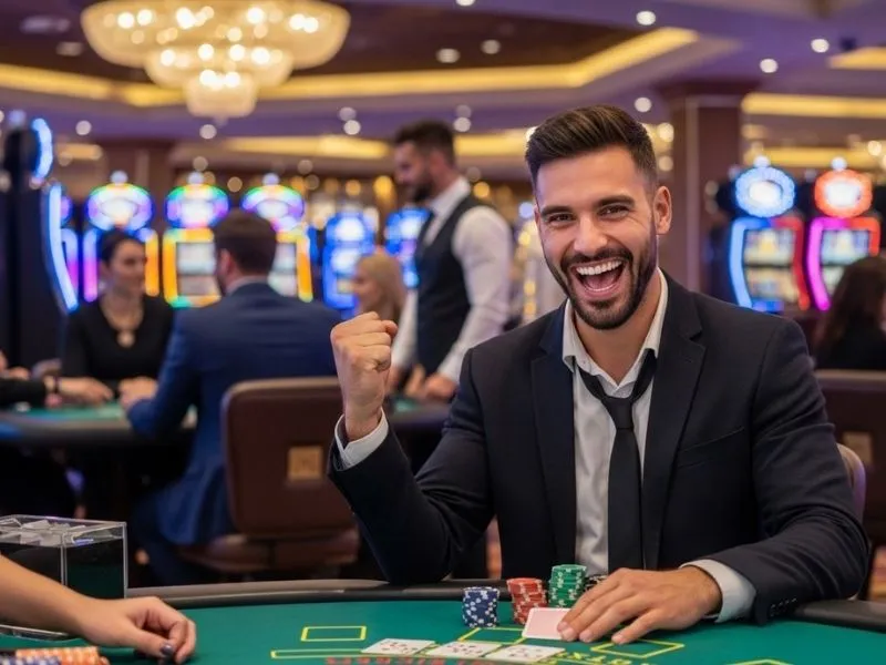 Young man smiling and laughing while playing a persona 5 casino dice game at a physical casino table.