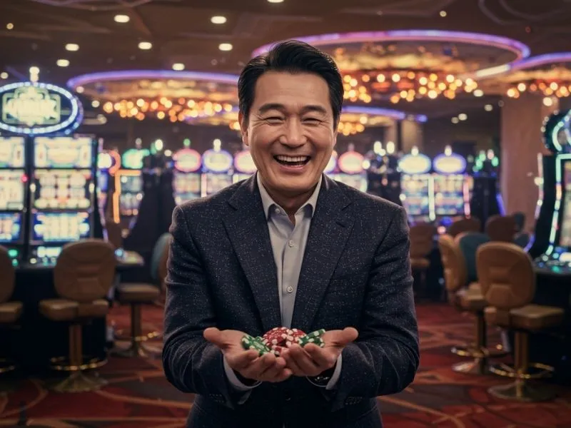 Smiling man holding poker chips after accessing phil168 online casino login