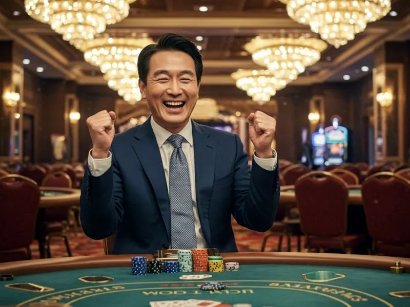 Smiling player celebrating with chips after successful phil168 online casino login