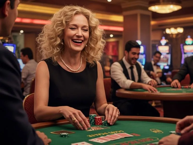 Smiling woman enjoying a poker game moment after phil168 online casino login