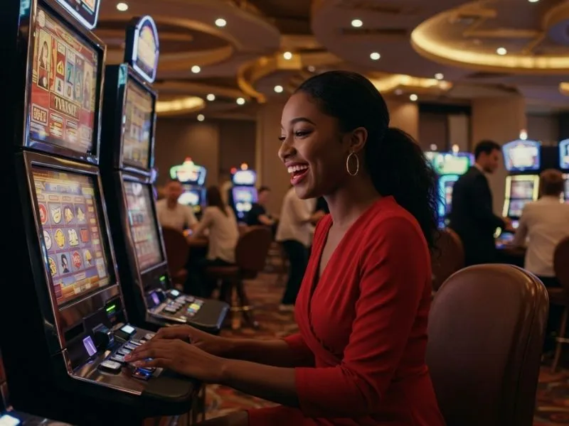 Smiling woman sitting at a slot machine after successful phil168 online casino login