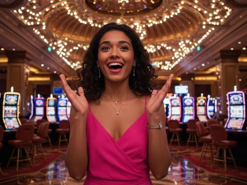 Happy woman at the entrance of a resorts casino hotel pool and gaming area