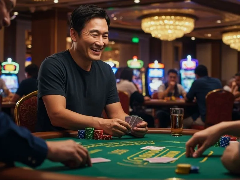 Player holding cards with a big smile near the resorts casino hotel pool