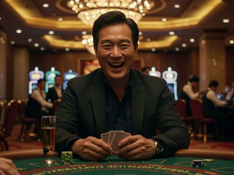 Poker player grinning while holding cards near the resorts casino hotel pool