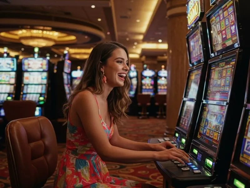 Joyful slot machine player smiling while enjoying games at rich9.com casino