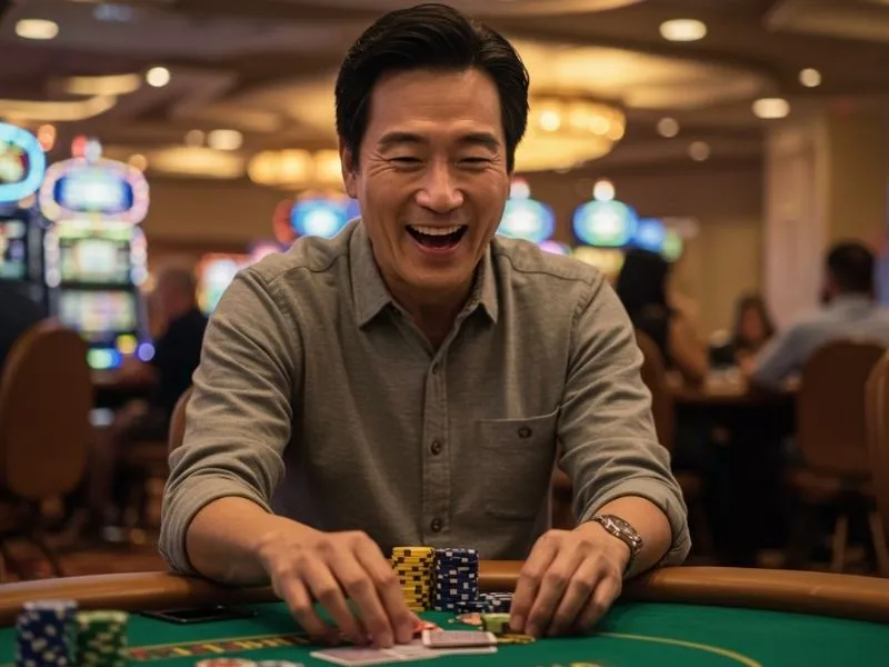 Joyful poker player cheering a big win at rich9.com casino