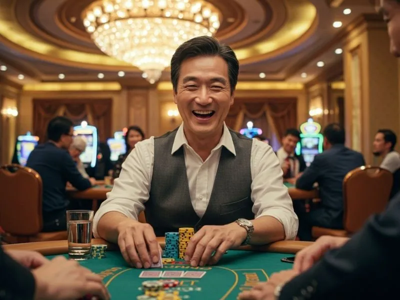 Smiling player celebrating a big casino win at rich9.com casino