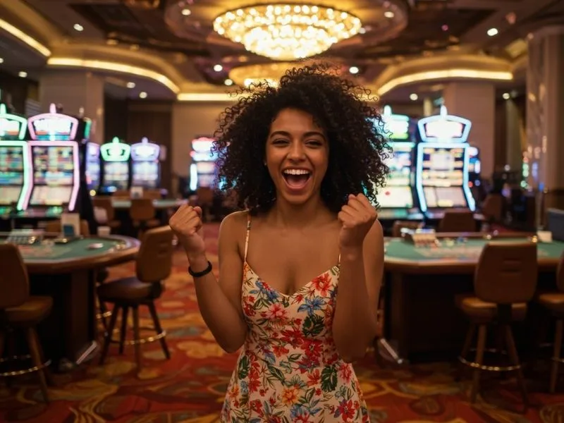 Smiling woman enjoying the vibrant atmosphere at rich9.com casino under glowing casino lights
