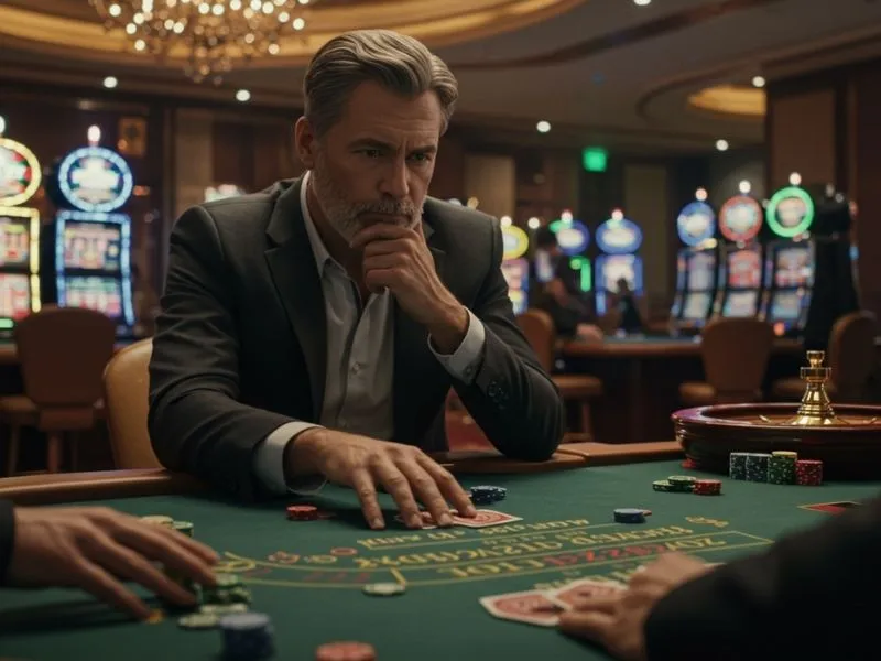 Focused man playing poker at a table in s5 online casino