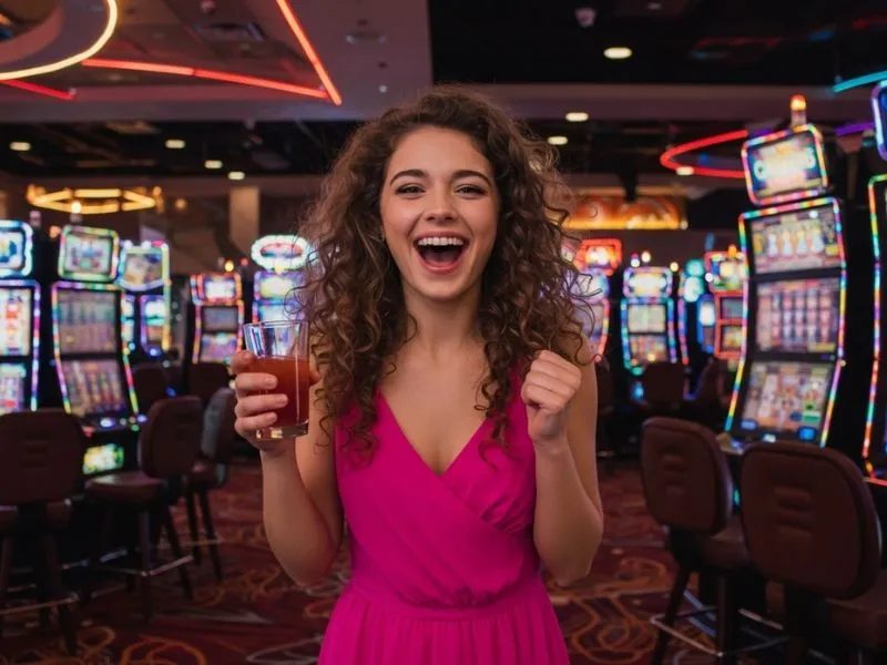 Guest happily enjoying near slot machines inside s5 online casino