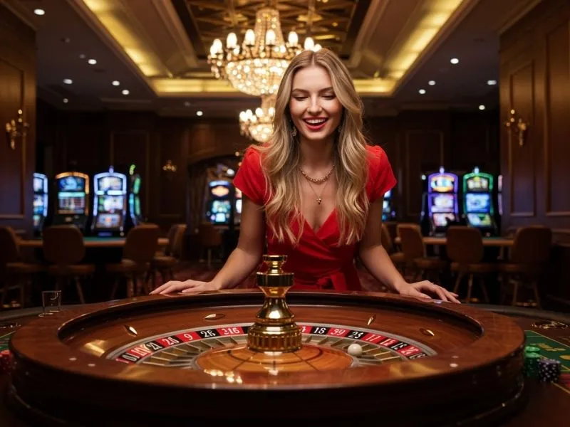 Joyful woman looking at a roulette table while playing at s5 online casino