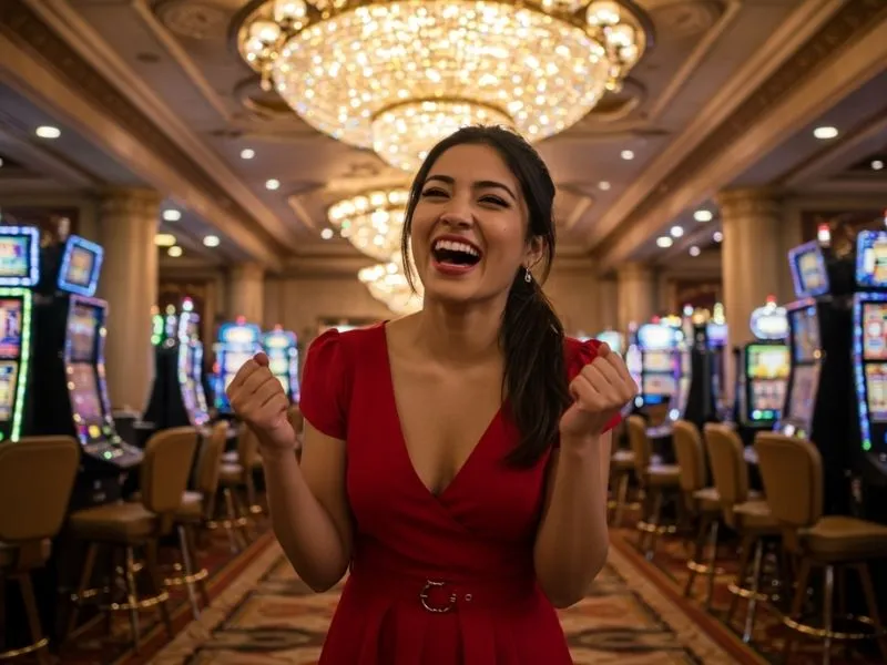 Smiling woman enjoying the lively atmosphere inside an s5 online casino