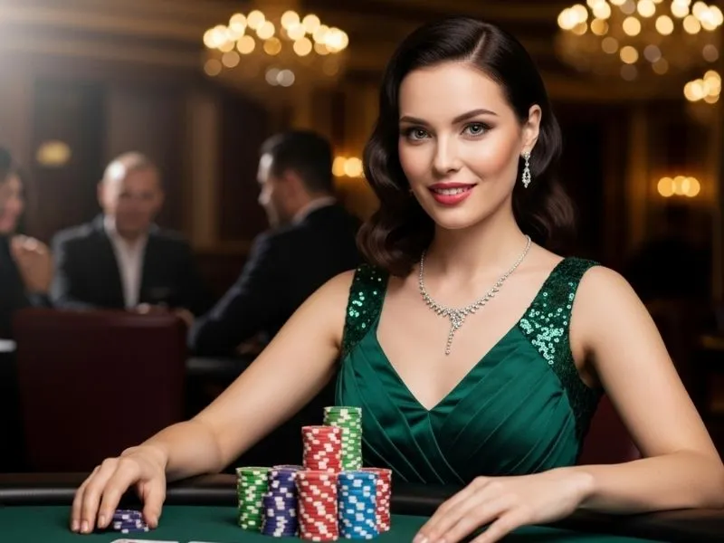 Woman smiling joyfully at a casino table after winning, enjoying her experience at Snow Wolf Casino.