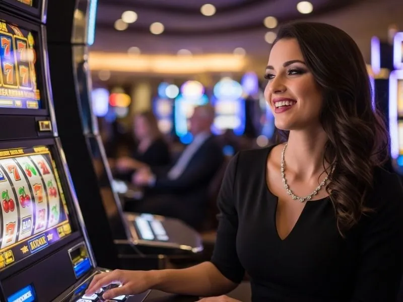 Woman happily smiling while playing a slots machine at Snow Wolf Casino, enjoying a fun moment at the physical casino.