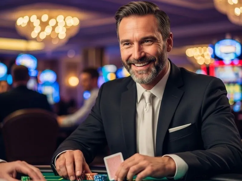 Happy elderly man enjoying a physical casino table game at Snow Wolf Casino, celebrating a win with excitement.