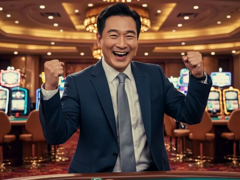 Joyful player smiling at a poker table in tmtplay best online casino