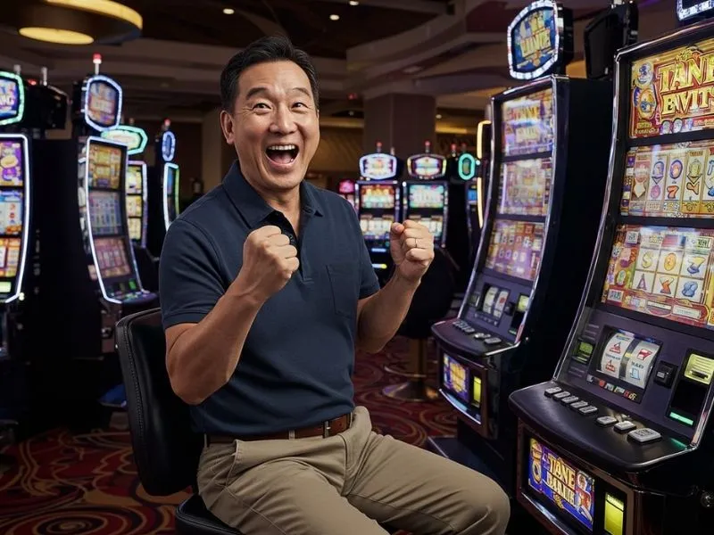 Smiling gamer celebrating a big slot machine win at tmtplay best online casino