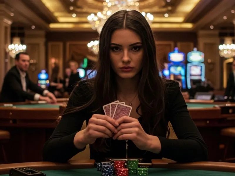 Confident woman poker player holding cards at a table in tmtplay best online casino