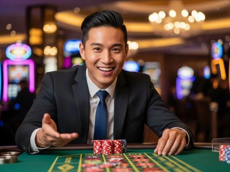 Man smiling happily after winning at a roulette table in a physical casino, enjoying the excitement of yg777 casino.