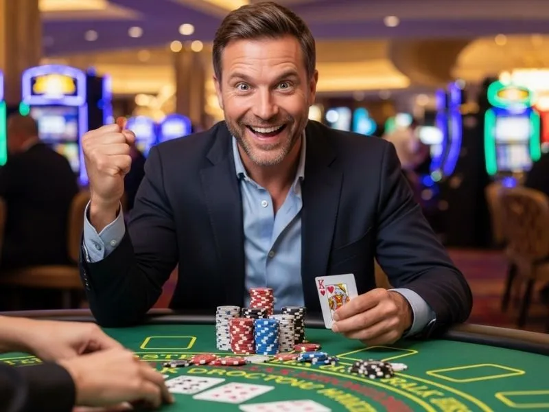 Man smiling with excitement after winning a poker round at a physical casino, enjoying the thrill of YG777 Casino.
