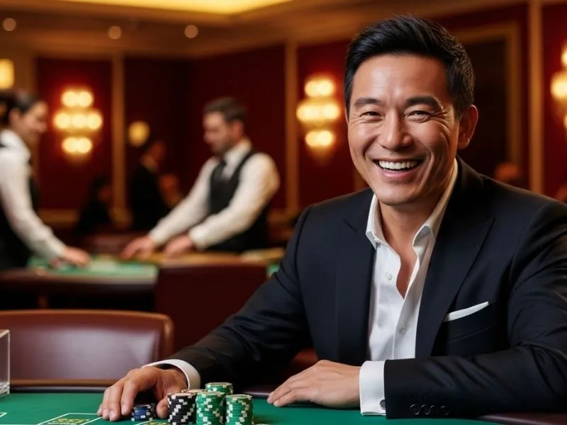 Man smiling broadly with his poker chips at a casino table, enjoying a physical casino experience. YG777 Casino branding subtly visible.