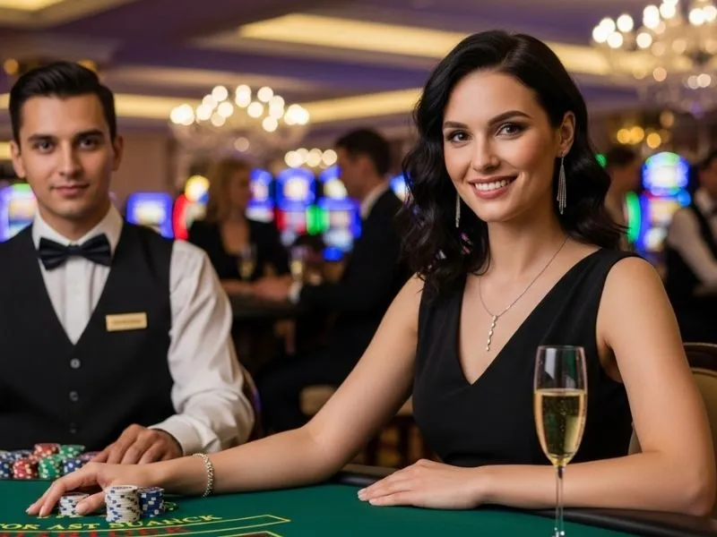 Woman smiling and enjoying a poker night at a physical casino, highlighting a fun experience at YG777 Casino.