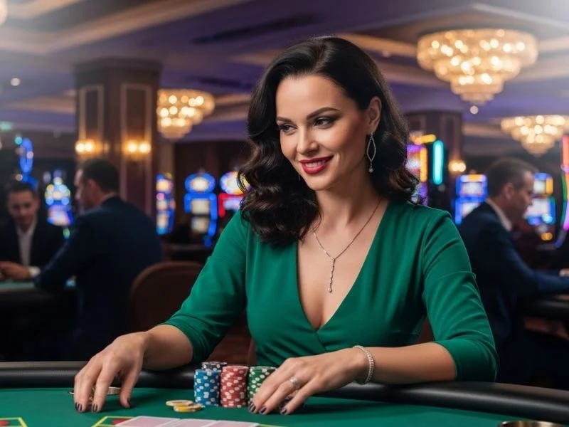 Smiling woman cheerfully playing card games at a physical casino table, representing the excitement associated with 80 jili casino login.