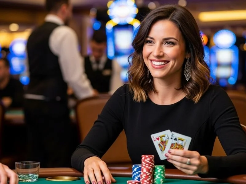 Woman smiling happily while playing poker at a physical casino, related to 80 jili casino login.