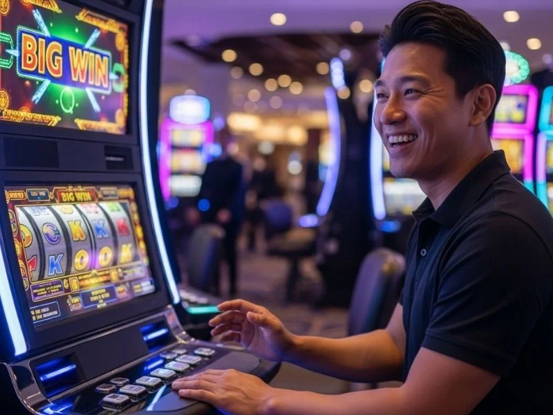 Young man smiling while pressing a slot machine button inside a physical casino, representing the 80 Jili Casino login theme.