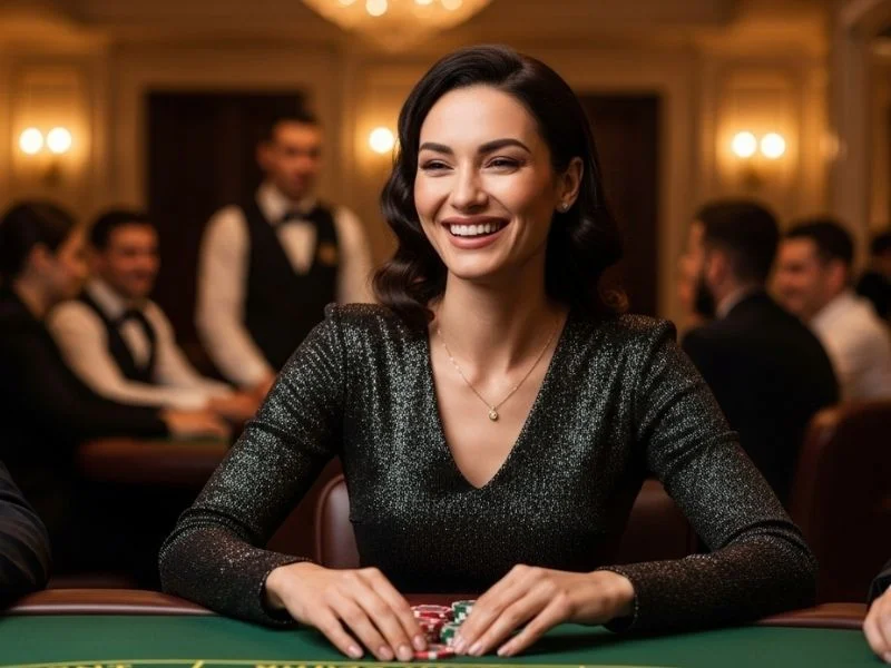 A woman smiling as she wins a smaller prize while playing in a physical casino, representing the fun and excitement associated with bwenas gaming casino.