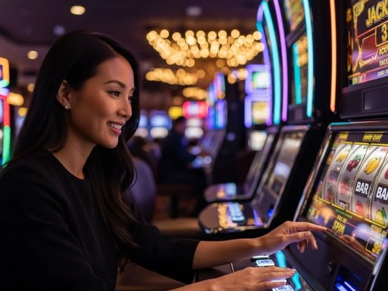 Woman smiling while pressing a slot machine button inside a physical casino, representing the excitement of bwenas gaming casino.