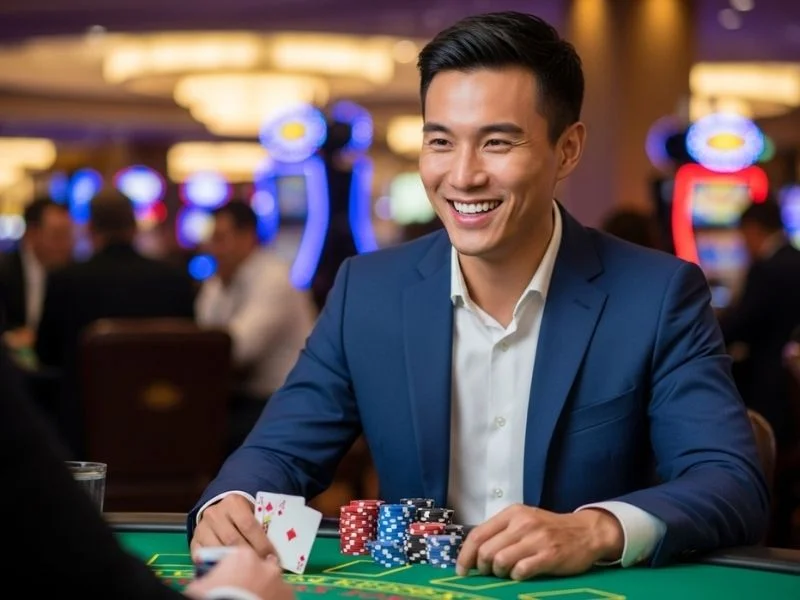 Happy man grinning while playing poker at Casino Espanol de Manila