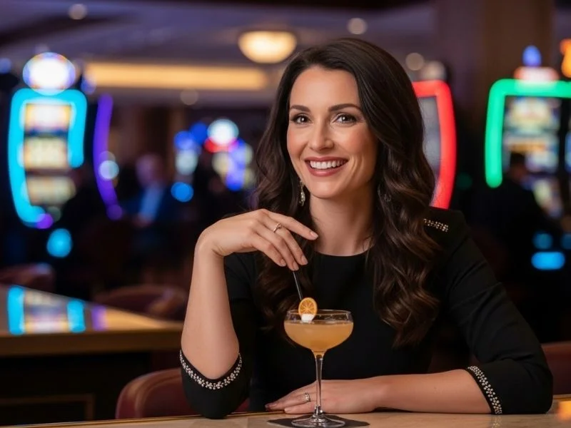Happy woman enjoying a drink while playing at Casino Espanol de Manila
