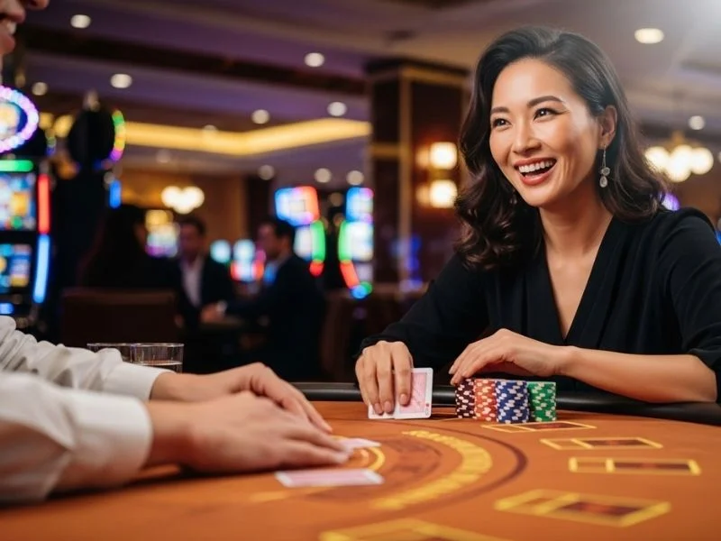 Woman happily playing poker at a table in Casino Espanol de Manila