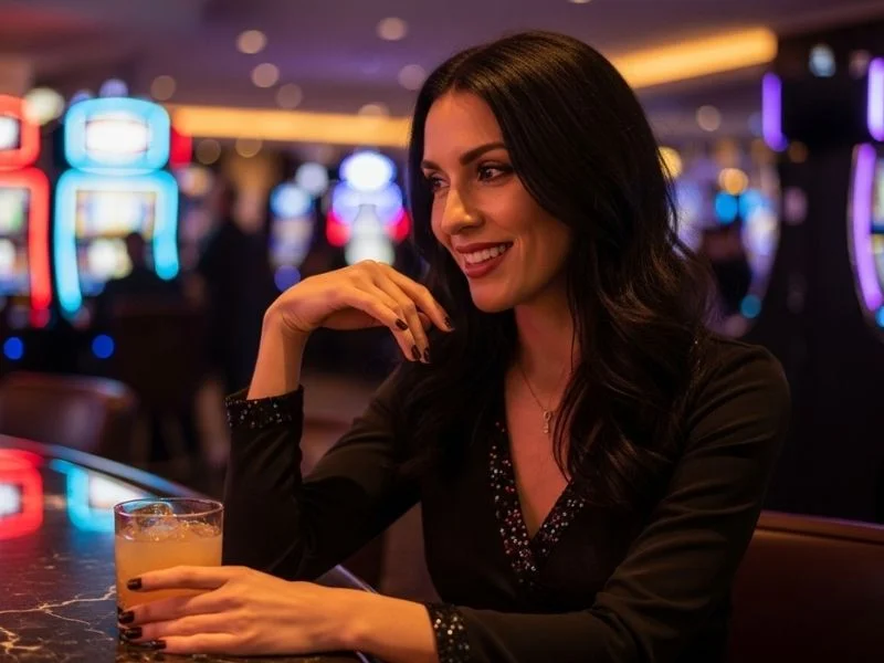 Woman enjoying a drink and smiling while playing at Casino Espanol