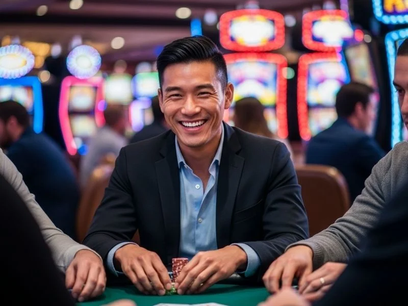 Happy man cheerfully playing a table game at Casino Espanol