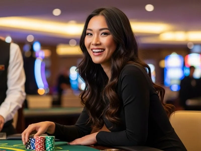 Woman happily playing poker at a table with chips in a physical casino, enjoying her time at Casino Espanol.