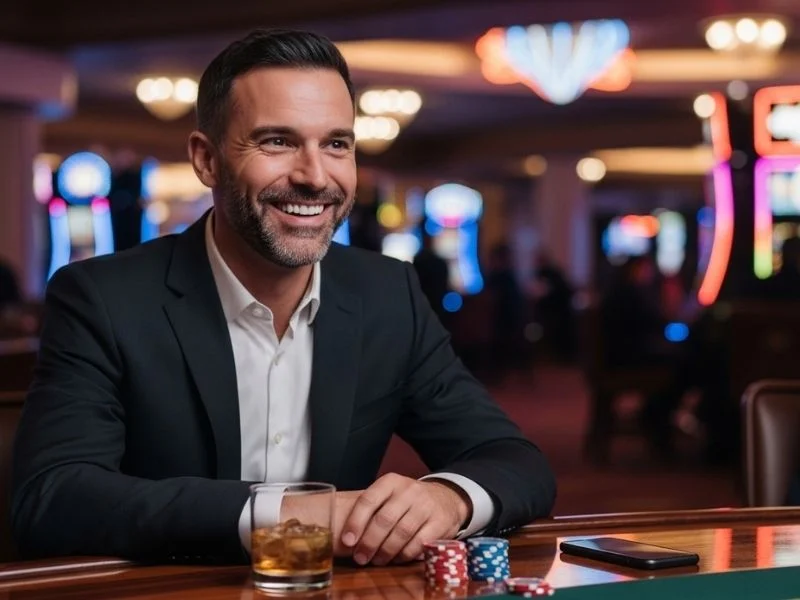 Man happily celebrating a win at a table inside Casino Espanol