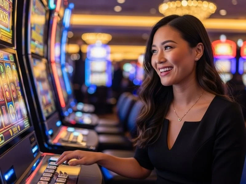 Woman smiling while pressing a slot machine button in a casino, enjoying the excitement of casino Filipino coin price.