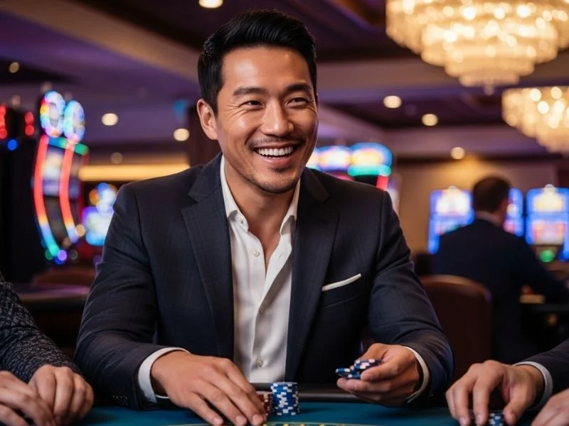 Man smiling while placing chips on a casino table at a casino Filipino coin price
