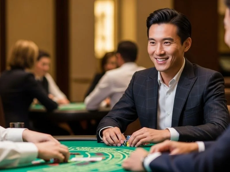 Smiling man enjoying poker game at a physical casino, surrounded by chips, representing casino filipino coin price.