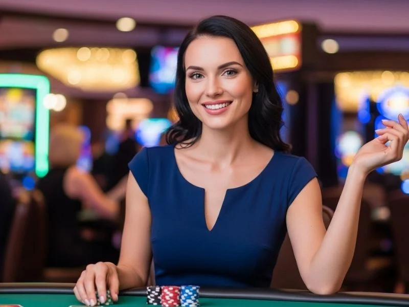 Woman smiling while placing chips on a poker table at a physical casino, enjoying the Casino Filipino Coin Price experience.