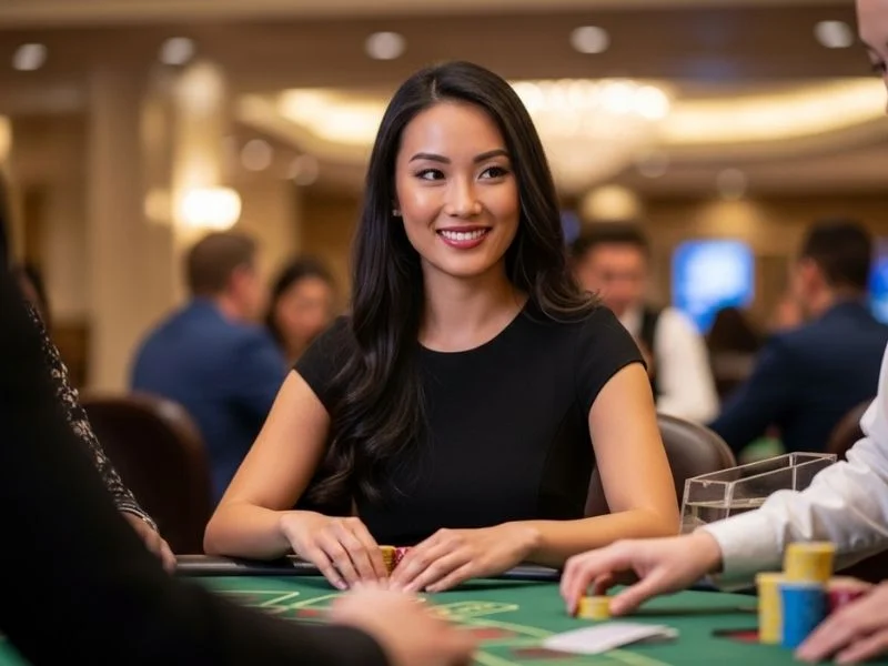 Happy woman enjoying a game of blackjack with friends at Casino Filipino Tagaytay
