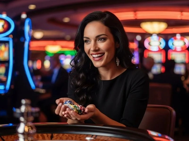 Happy woman smiling and holding chips while playing roulette at Casino Filipino Tagaytay.
