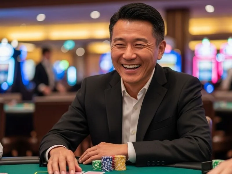 Man happily playing poker with chips at a table inside Casino Filipino Tagaytay.