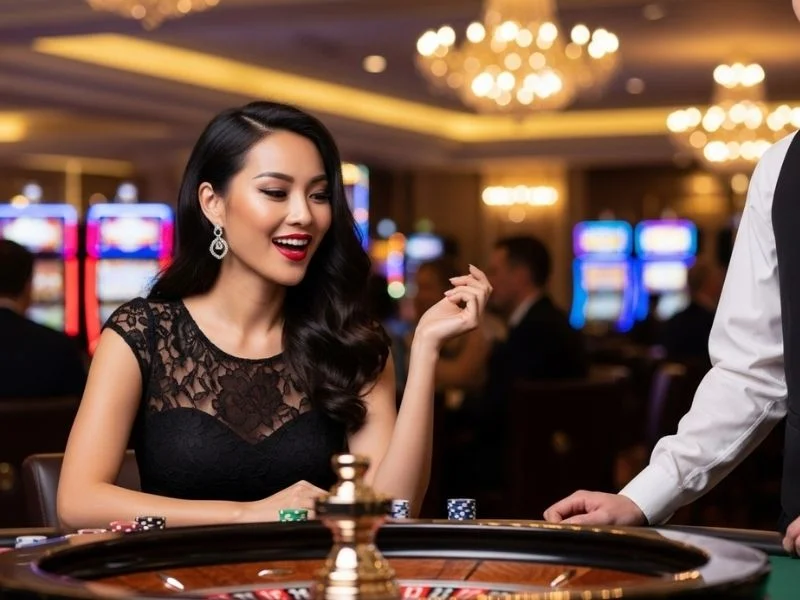 Happy woman playing roulette with a smile at Casino Innovations, enjoying the lively casino atmosphere.