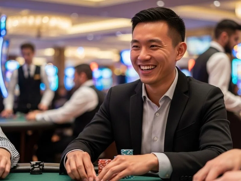 Smiling man happily playing a casino game at Casino Innovations