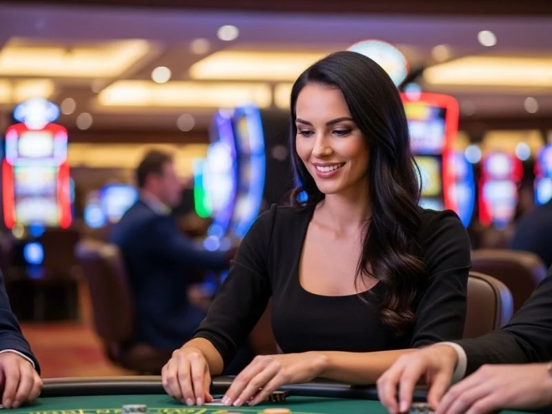 Smiling woman enjoying a poker game at Casino Innovations, surrounded by chips and casino lights.