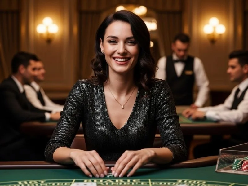 Woman happily celebrating a small win while playing at a table in Casino Innovations