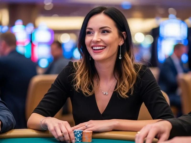 Female casino master smiling with chips at a casino table